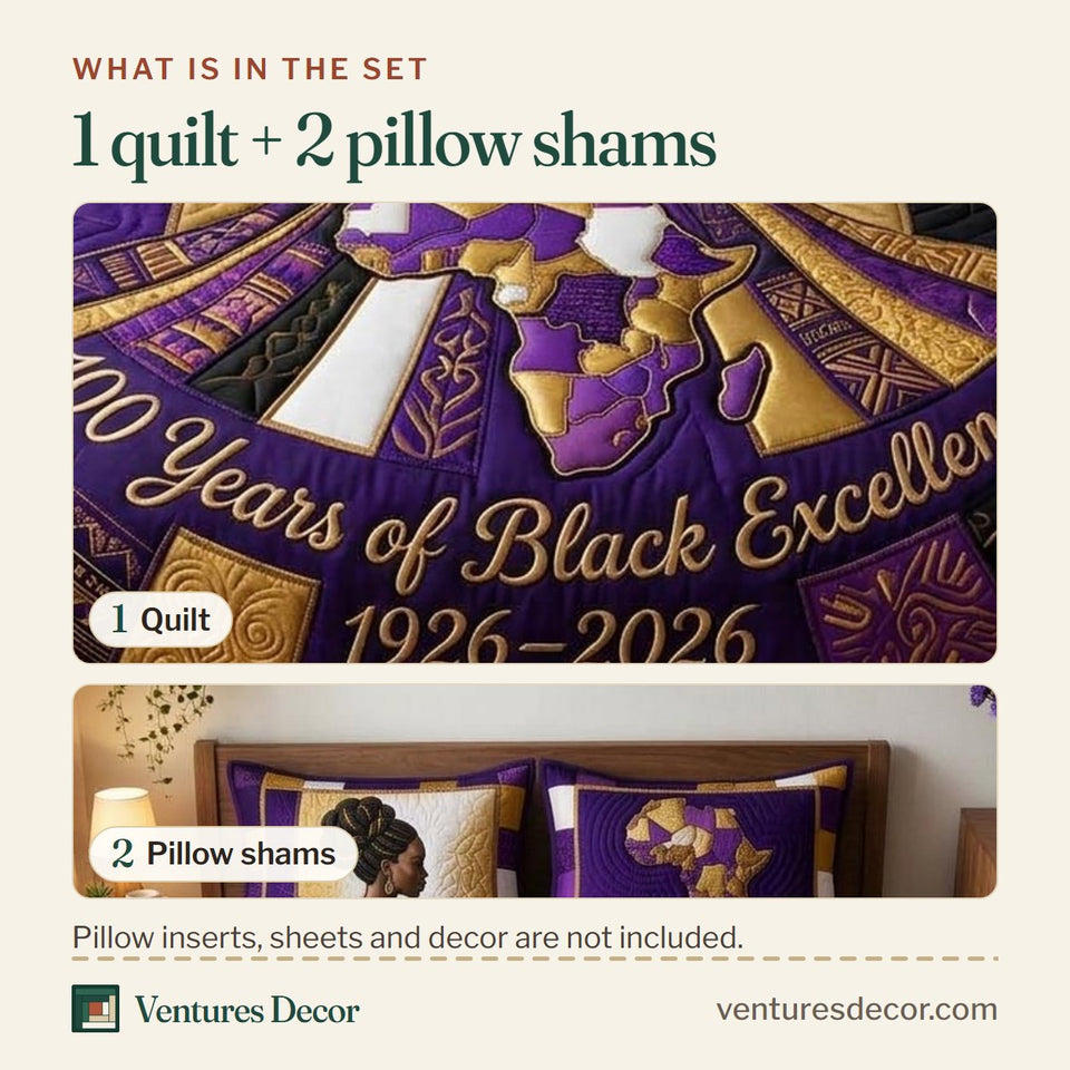 What is in the set: one quilt and two pillow shams, shown in the Century Of Excellence Purple design