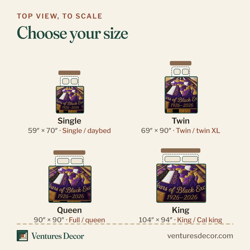 Size guide for the Century Of Excellence Purple quilt, top view to scale: Single 59 x 70 in, Twin 69 x 90 in, Queen 90 x 90 in, King 104 x 94 in