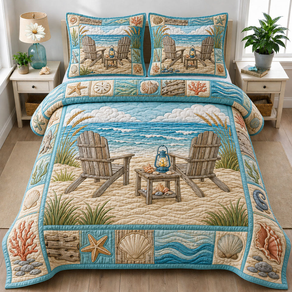 Chair At Sea quilted bedding set, quilt and two pillow shams on a made bed
