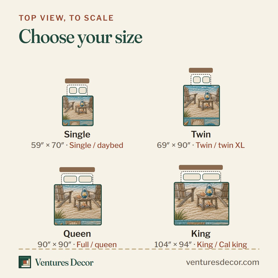 Size guide for the Chair At Sea quilt, top view to scale: Single 59 x 70 in, Twin 69 x 90 in, Queen 90 x 90 in, King 104 x 94 in