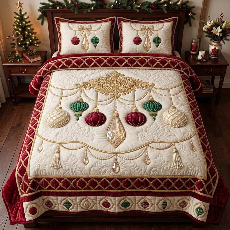 Champagne Ornament Chandelier quilted bedding set, quilt and two pillow shams on a made bed