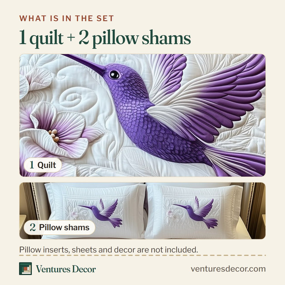 What is in the set: one quilt and two pillow shams, shown in the Charming Hummingbird Violet Flight Mauve Blooms design