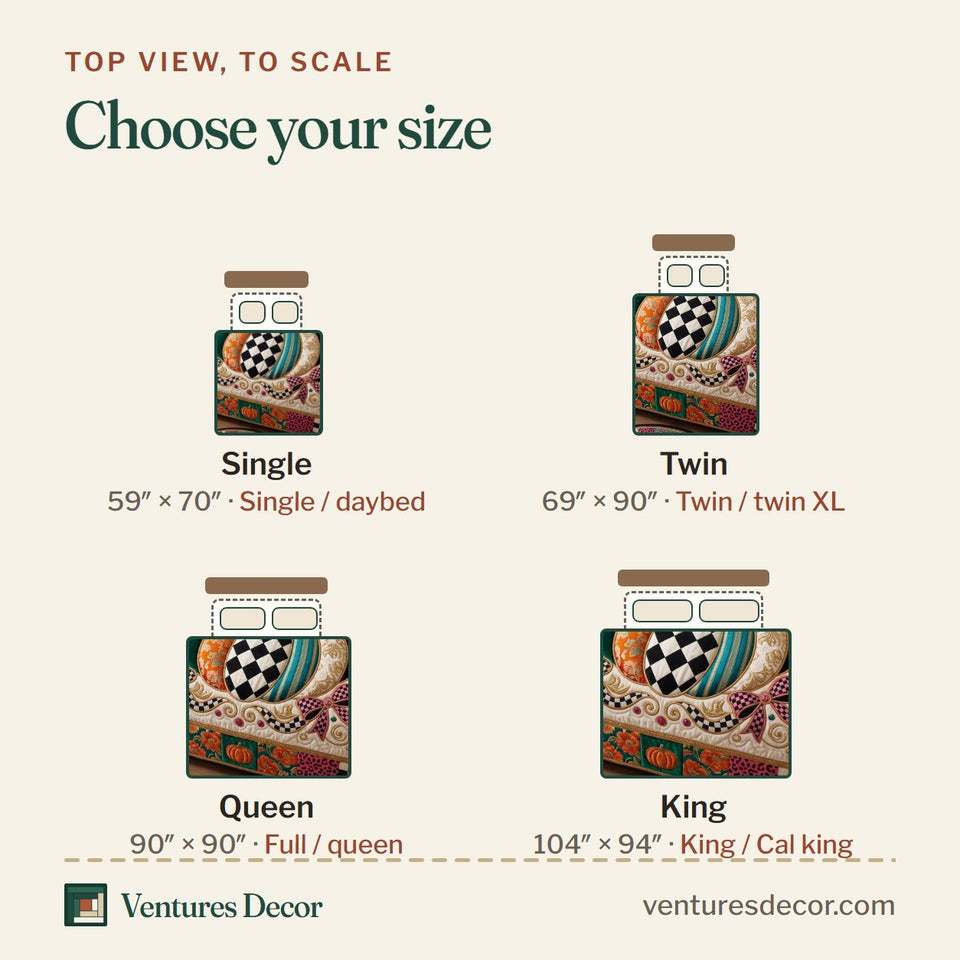Size guide for the Checkered Boho Gourd quilt, top view to scale: Single 59 x 70 in, Twin 69 x 90 in, Queen 90 x 90 in, King 104 x 94 in