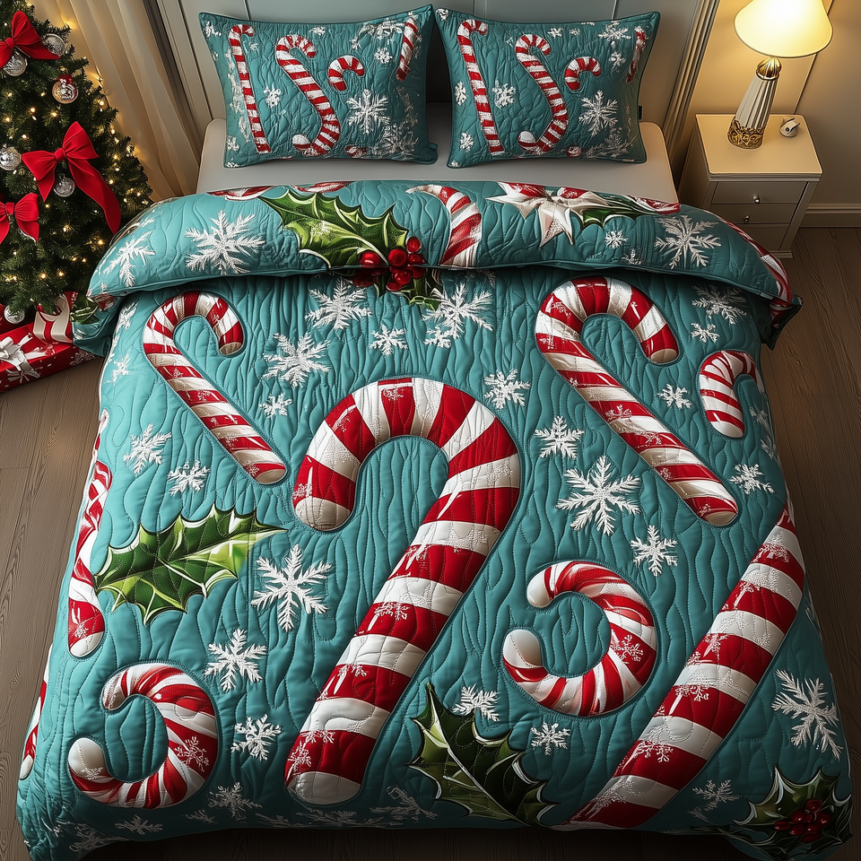 Cheerful Candy Cane Teal Holly Leaves quilted bedding set, quilt and two pillow shams on a made bed