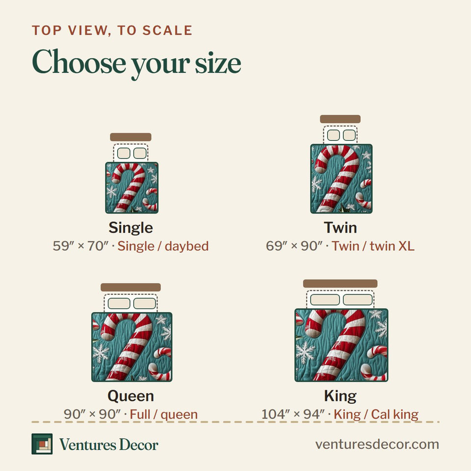 Size guide for the Cheerful Candy Cane Teal Holly Leaves quilt, top view to scale: Single 59 x 70 in, Twin 69 x 90 in, Queen 90 x 90 in, King 104 x 94 in