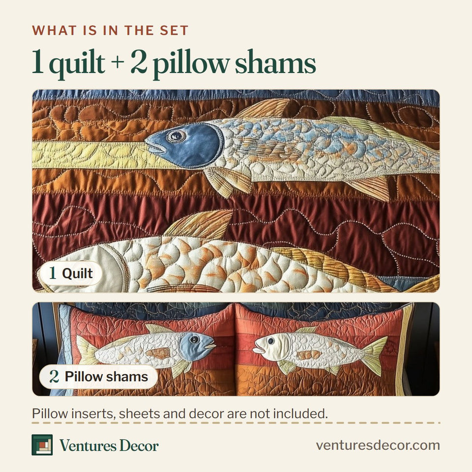 What is in the set: one quilt and two pillow shams, shown in the Cheerful Fishes Earth Tone Bands With Big Trout design