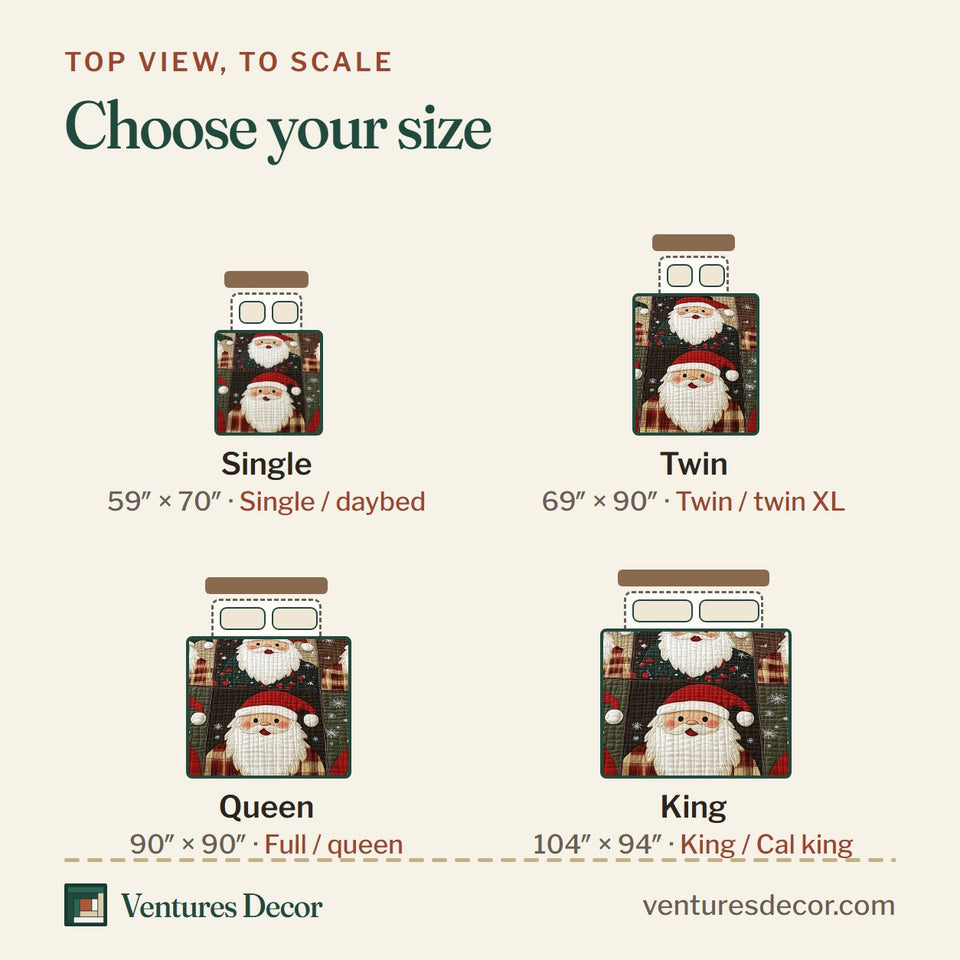 Size guide for the Cheerful Santa Red Plaid Patchwork quilt, top view to scale: Single 59 x 70 in, Twin 69 x 90 in, Queen 90 x 90 in, King 104 x 94 in