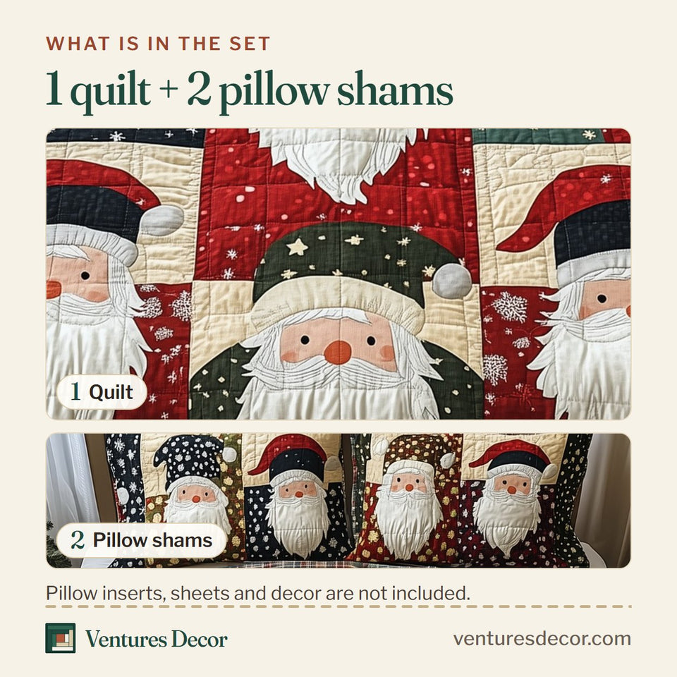 What is in the set: one quilt and two pillow shams, shown in the Cheerful Santa Starry Navy Patch Blocks design
