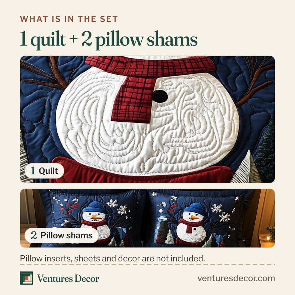 What is in the set: one quilt and two pillow shams, shown in the Cheerful Snowman Plaid Scarf Snowy Peaks design