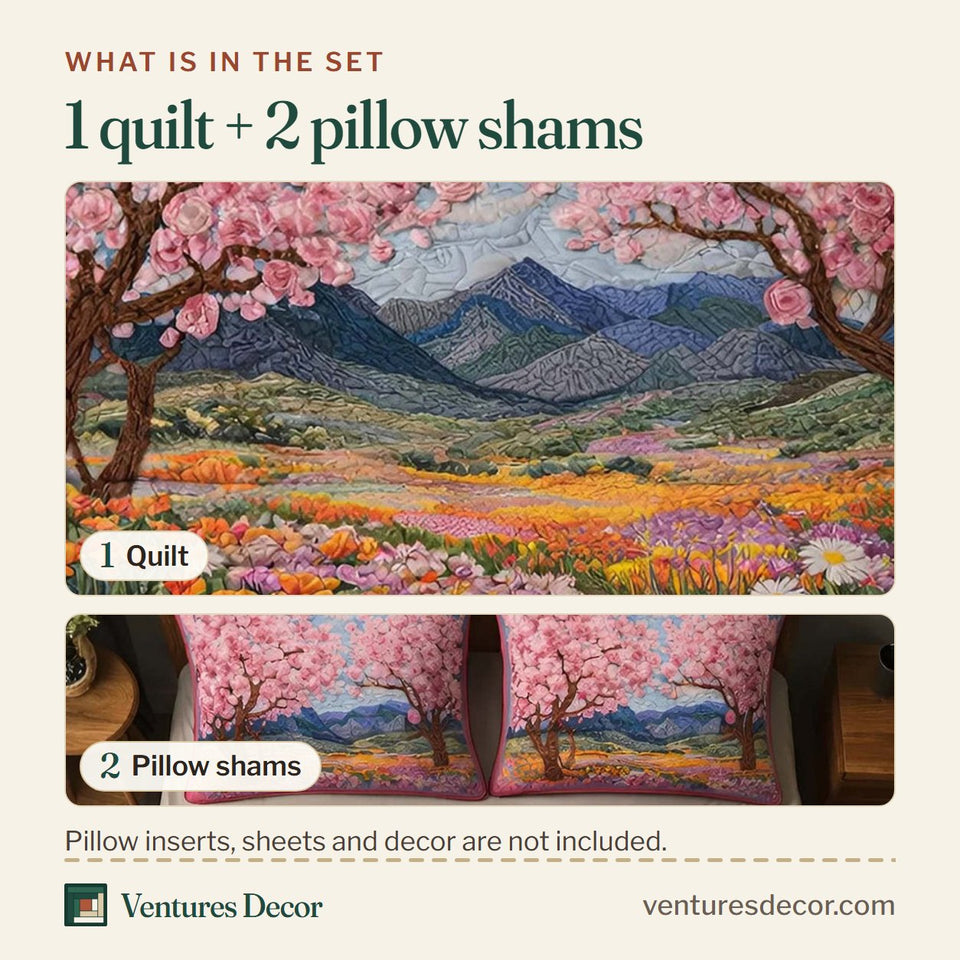 What is in the set: one quilt and two pillow shams, shown in the Cherry Blossom Valley View design