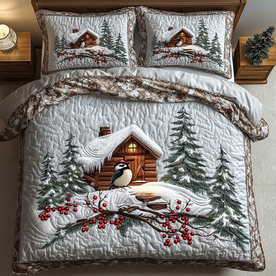 Chickadee Winter Cabin quilted bedding set, quilt and two pillow shams on a made bed