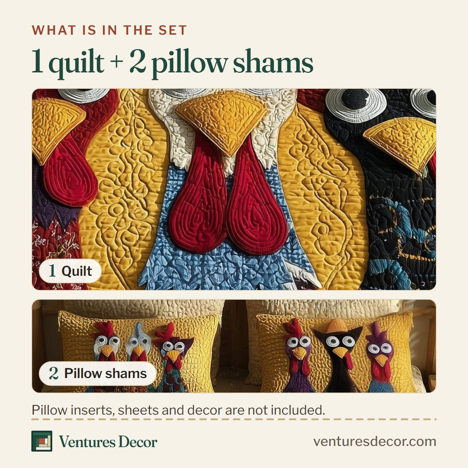 What is in the set: one quilt and two pillow shams, shown in the Chicken Patchwork Rooster Trio design