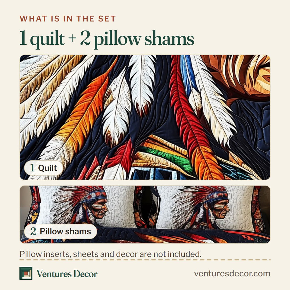 What is in the set: one quilt and two pillow shams, shown in the Chieftain Feather Profile design