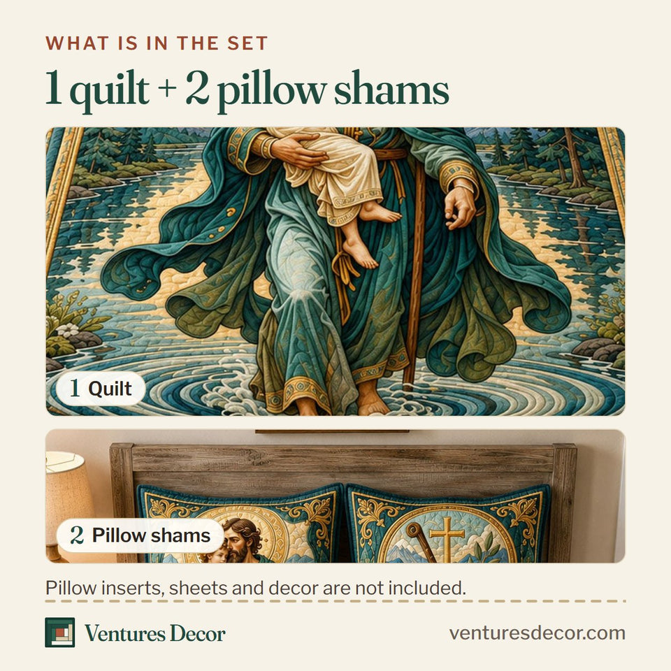 What is in the set: one quilt and two pillow shams, shown in the Christ Bearer Embrace Of Faith design