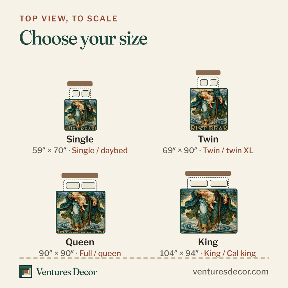 Size guide for the Christ Bearer Embrace Of Faith quilt, top view to scale: Single 59 x 70 in, Twin 69 x 90 in, Queen 90 x 90 in, King 104 x 94 in