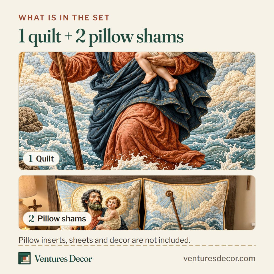 What is in the set: one quilt and two pillow shams, shown in the Christ Bearer Light Across The Sea design