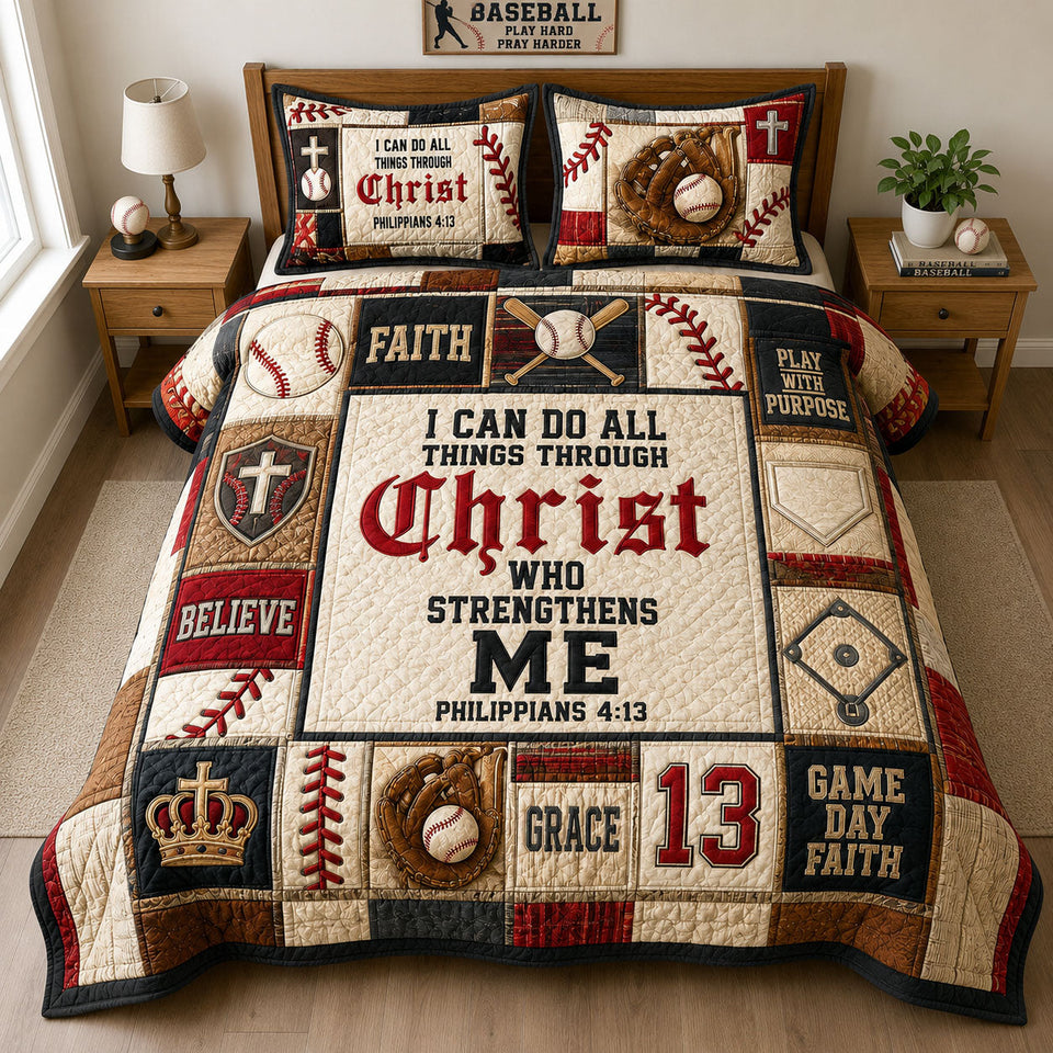 Christ Strengthens Me Baseball Faith quilted bedding set, quilt and two pillow shams on a made bed