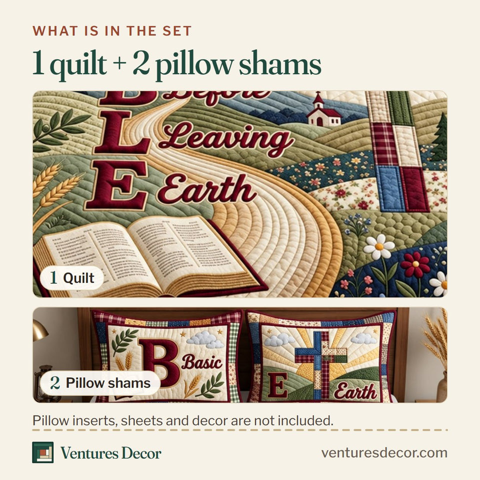 What is in the set: one quilt and two pillow shams, shown in the Christian Bible design