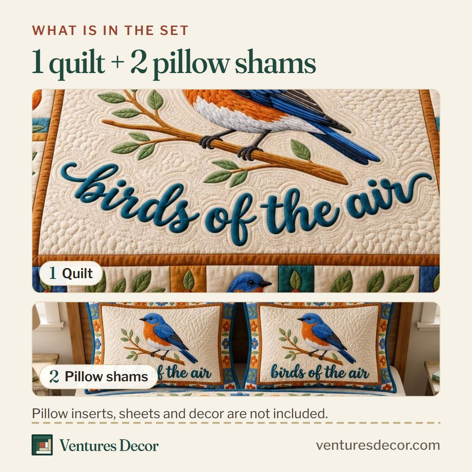 What is in the set: one quilt and two pillow shams, shown in the Christian Bird Single Bluebird Perch design