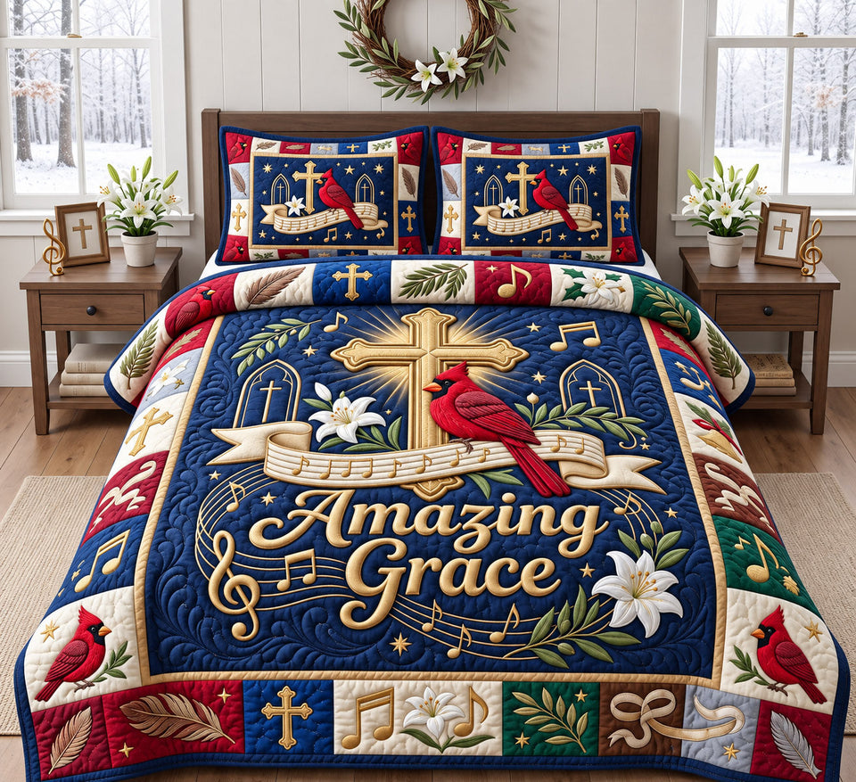 Christian Cardinal God’s Creation quilted bedding set, quilt and two pillow shams on a made bed