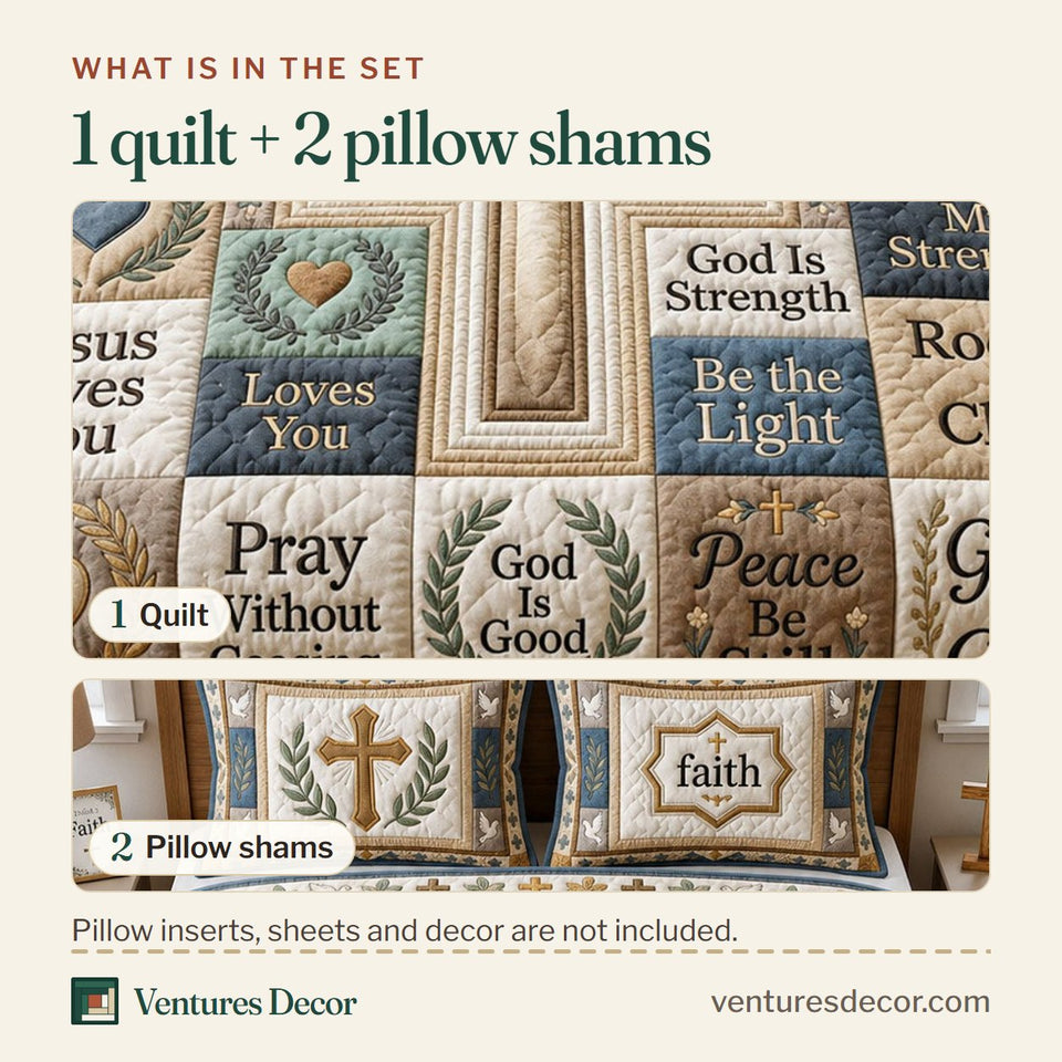 What is in the set: one quilt and two pillow shams, shown in the Christian Cross design