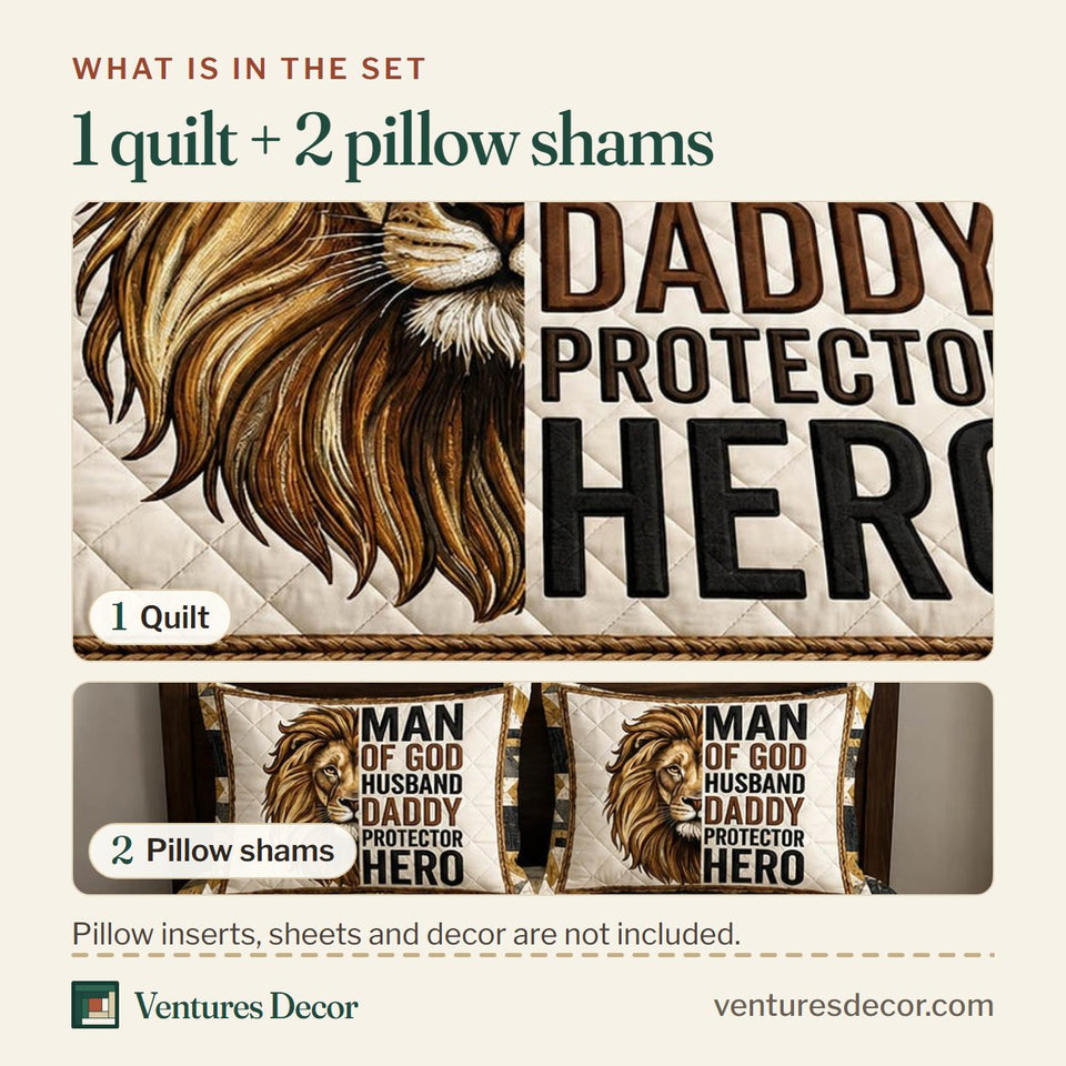 What is in the set: one quilt and two pillow shams, shown in the Christian Dad design