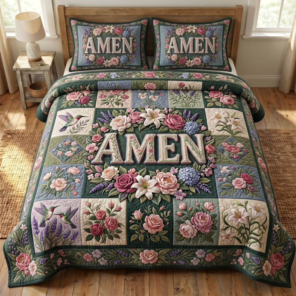 Christian Faith Amen Forest Green Patchwork quilted bedding set, quilt and two pillow shams on a made bed