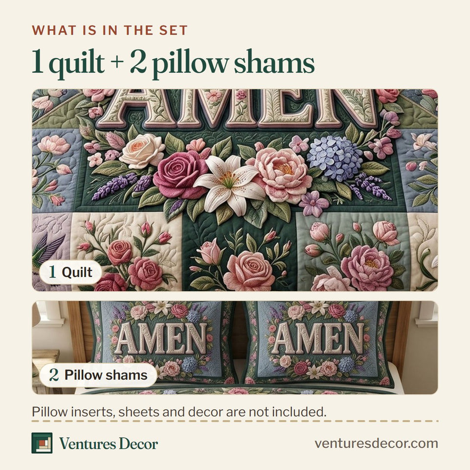 What is in the set: one quilt and two pillow shams, shown in the Christian Faith Amen Forest Green Patchwork design