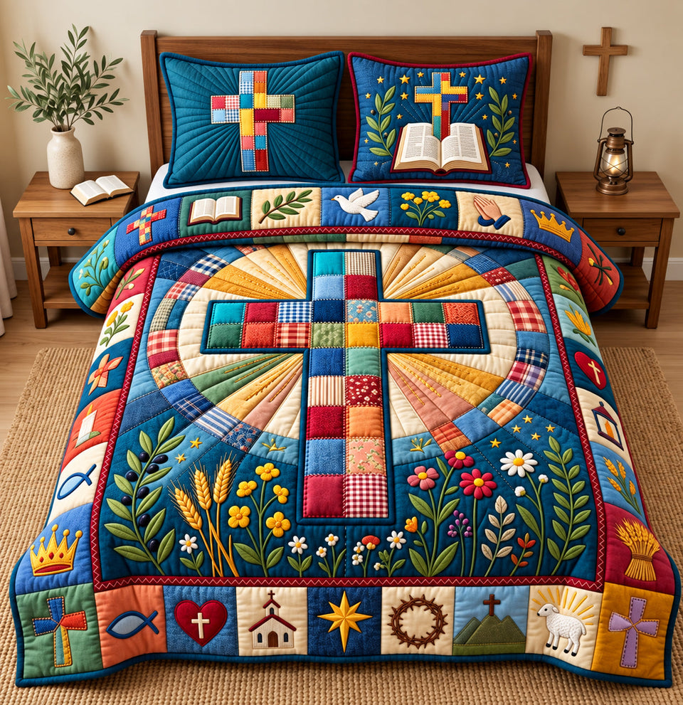 Christian Faith Bible Quote quilted bedding set, quilt and two pillow shams on a made bed