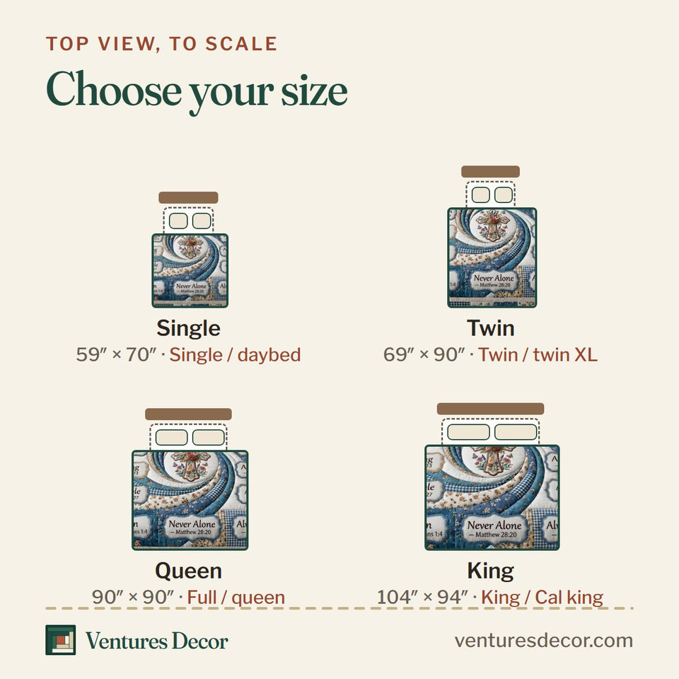 Size guide for the Christian Faith Blue Spiral Wave Blocks quilt, top view to scale: Single 59 x 70 in, Twin 69 x 90 in, Queen 90 x 90 in, King 104 x 94 in