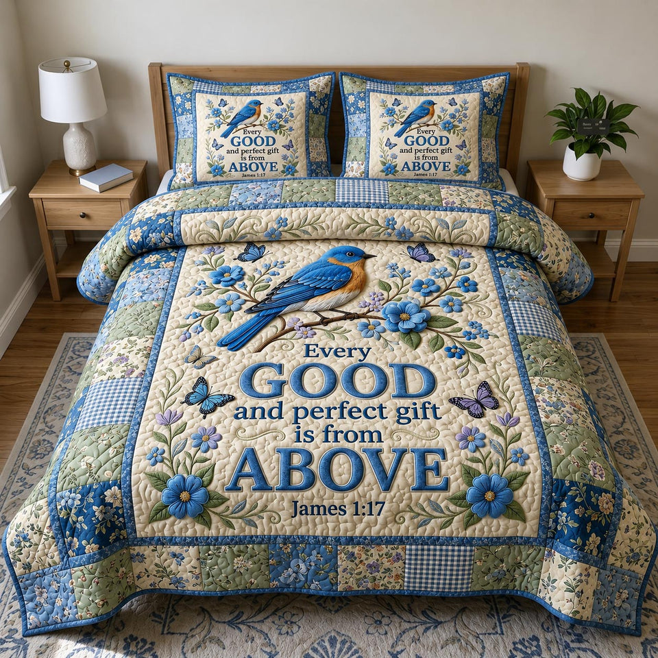 Christian Faith Bluebird Perfect Gift quilted bedding set, quilt and two pillow shams on a made bed