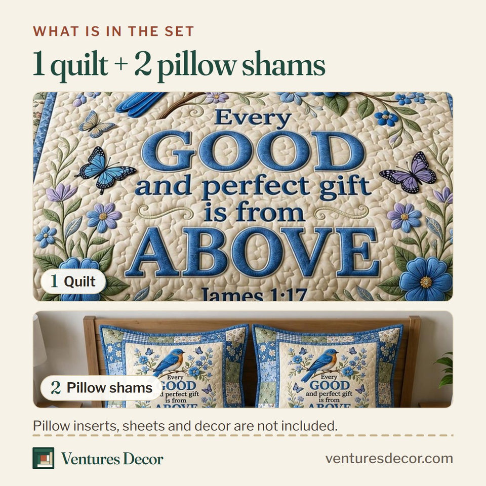What is in the set: one quilt and two pillow shams, shown in the Christian Faith Bluebird Perfect Gift design