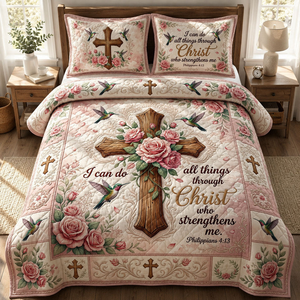 Christian Faith Blush Rose Cross Pillar quilted bedding set, quilt and two pillow shams on a made bed