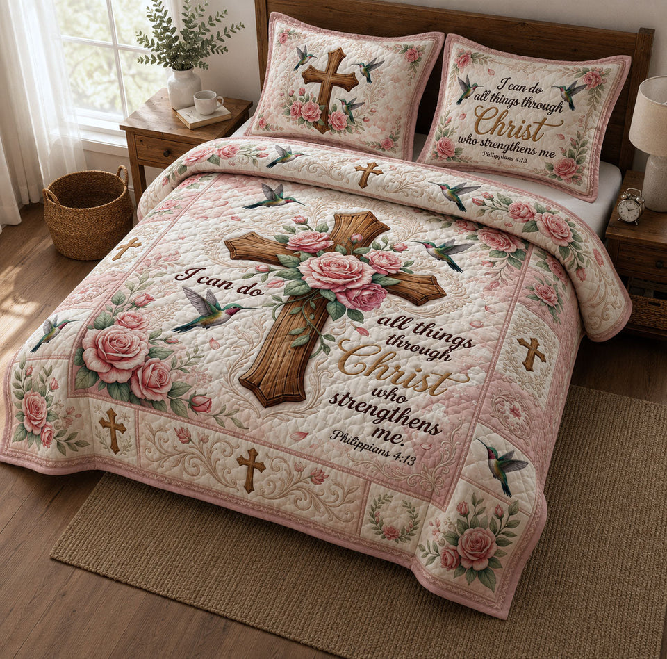 Christian Faith Blush Rose Cross Pillar quilted bedding set, another view of the printed design