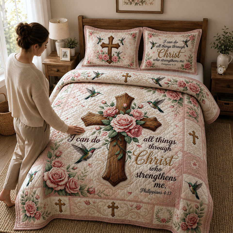 Christian Faith Blush Rose Cross Pillar quilted bedding set, another view of the printed design