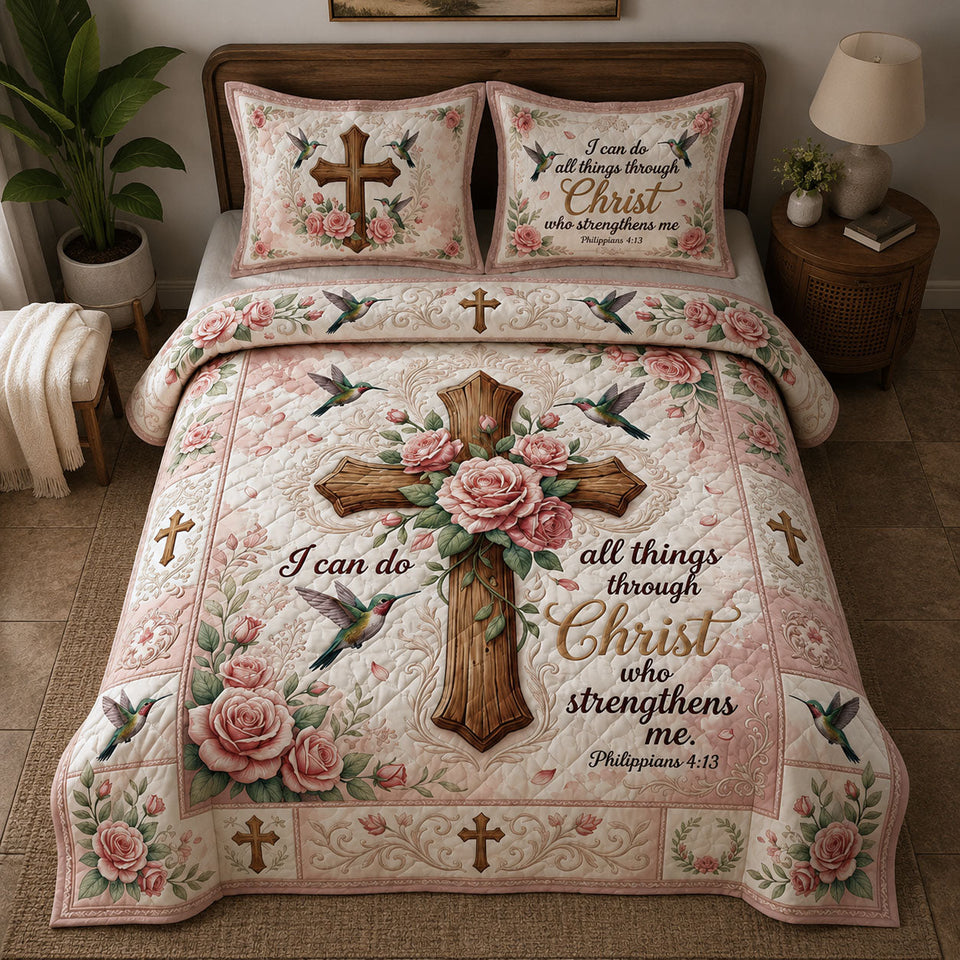 Christian Faith Blush Rose Cross Pillar quilted bedding set, another view of the printed design