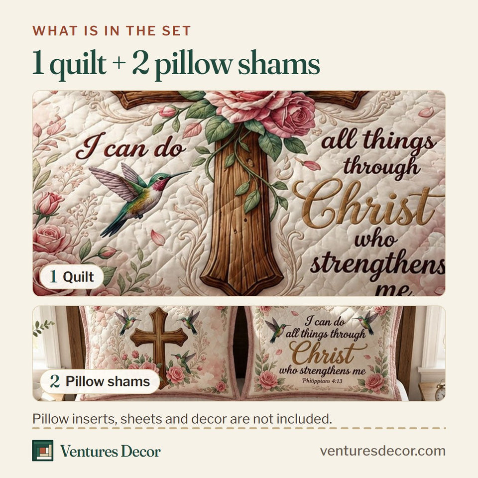 What is in the set: one quilt and two pillow shams, shown in the Christian Faith Blush Rose Cross Pillar design
