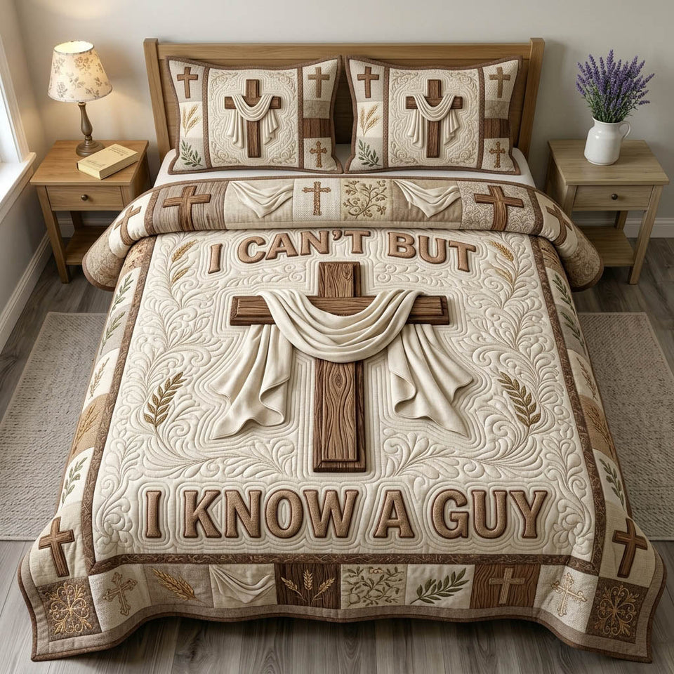 Christian Faith Draped Cloth Cross Ivory quilted bedding set, quilt and two pillow shams on a made bed