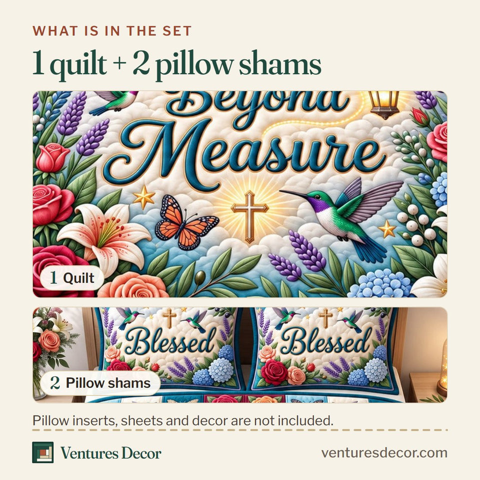 What is in the set: one quilt and two pillow shams, shown in the Christian Faith Inspired design