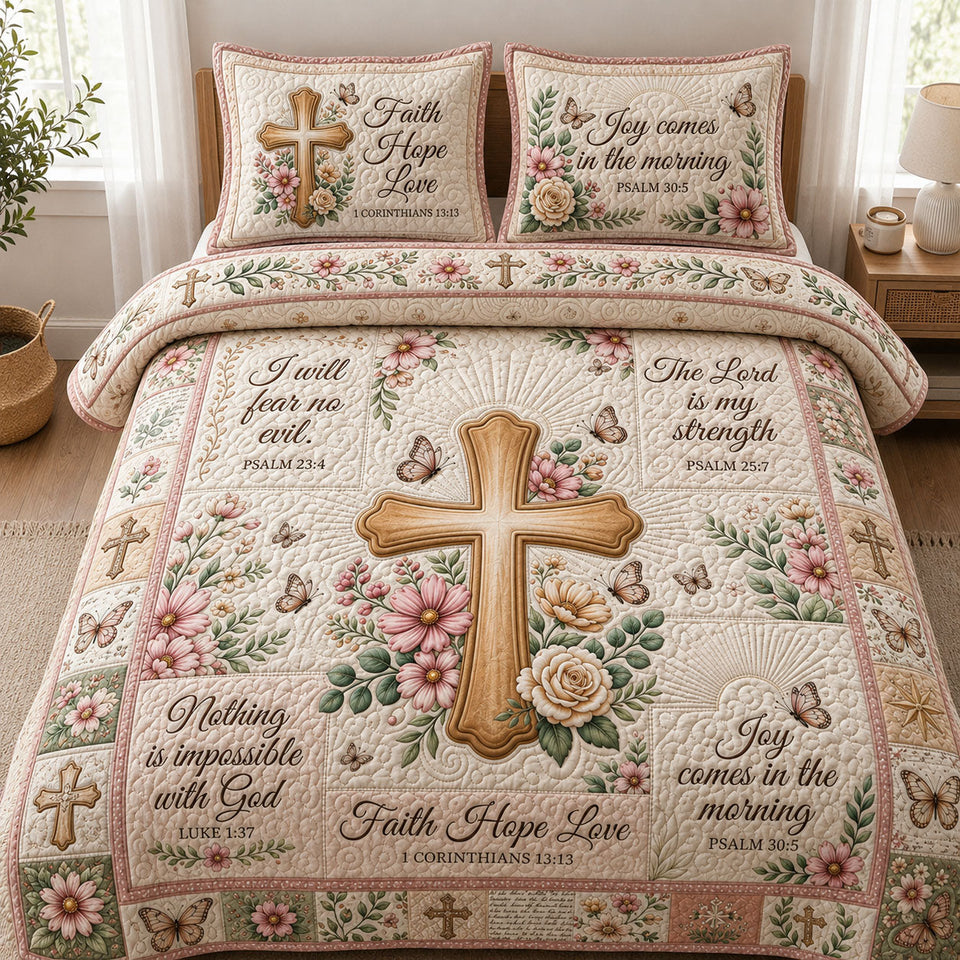 Christian Faith Gilded Cross Sunburst Blossoms quilted bedding set, quilt and two pillow shams on a made bed