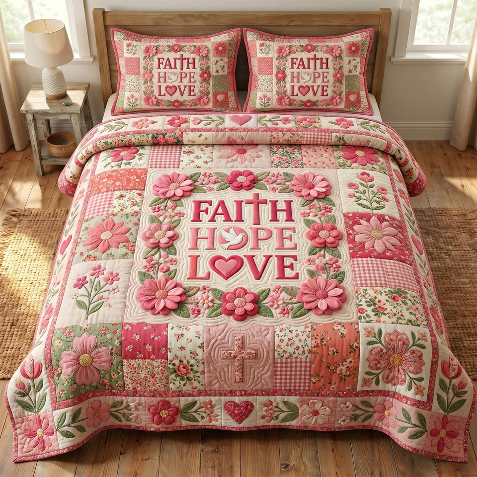 Christian Faith Hope and Love Pink Squares quilted bedding set, quilt and two pillow shams on a made bed