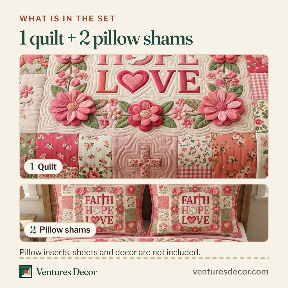 What is in the set: one quilt and two pillow shams, shown in the Christian Faith Hope and Love Pink Squares design