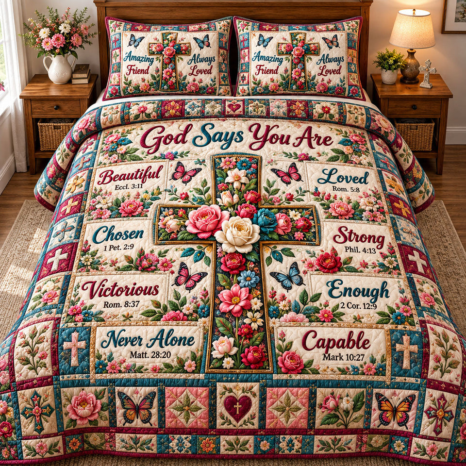 Christian Faith in Blush and Brown quilted bedding set, quilt and two pillow shams on a made bed