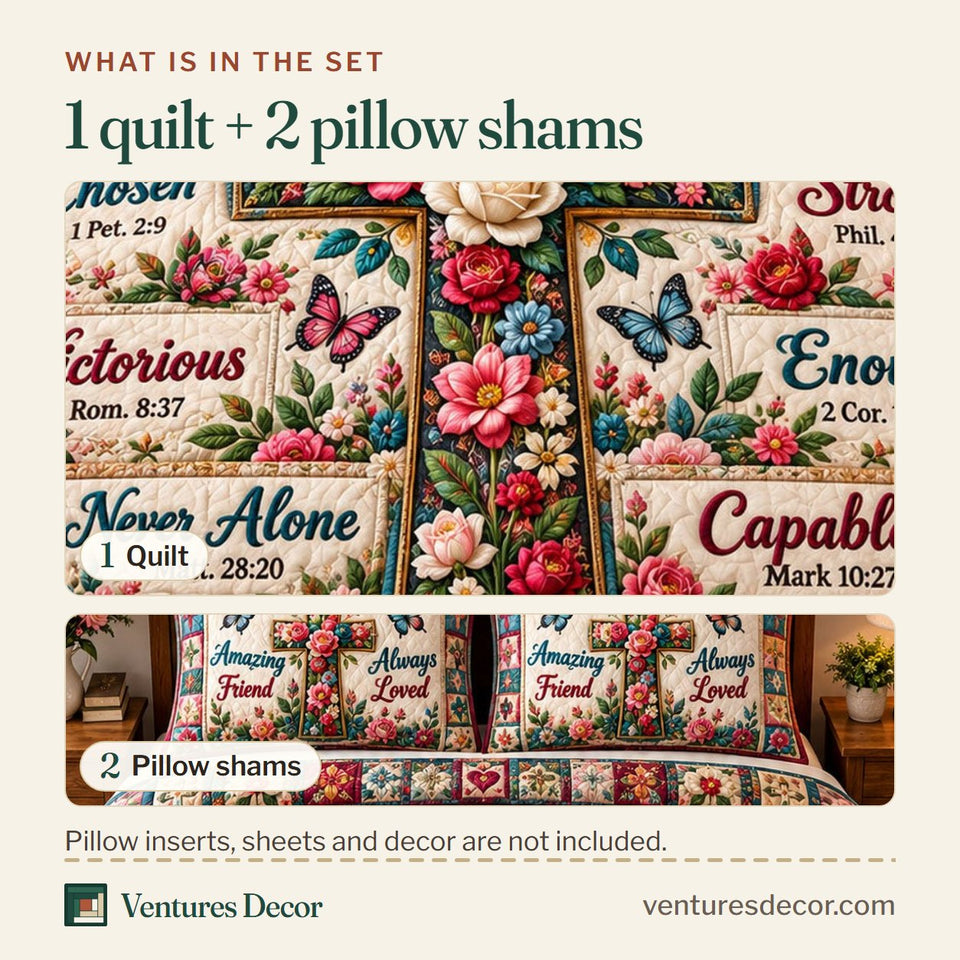What is in the set: one quilt and two pillow shams, shown in the Christian Faith in Blush and Brown Quilt Set, 3-Piece Quilted Bedding with 2 Pillow Shams design