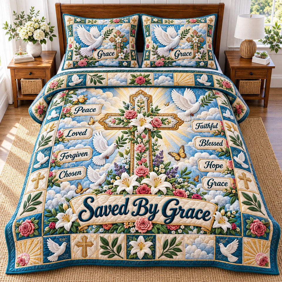 Christian Faith in Blush and Cream quilted bedding set, quilt and two pillow shams on a made bed