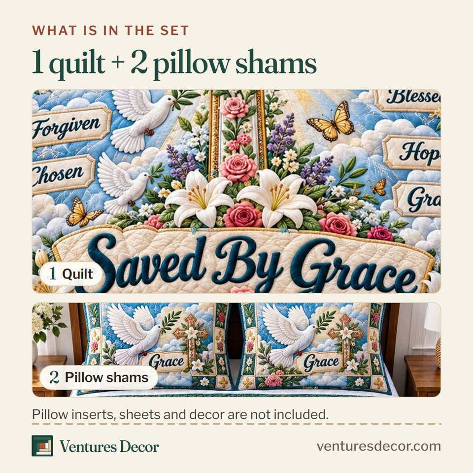 What is in the set: one quilt and two pillow shams, shown in the Christian Faith in Blush and Cream Quilt Set, 3-Piece Quilted Bedding with 2 Pillow Shams design