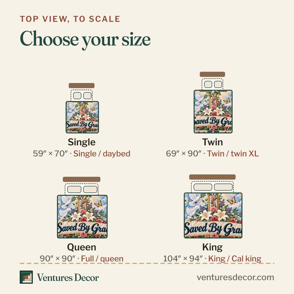 Size guide for the Christian Faith in Blush and Cream Quilt Set, 3-Piece Quilted Bedding with 2 Pillow Shams quilt, top view to scale: Single 59 x 70 in, Twin 69 x 90 in, Queen 90 x 90 in, King 104 x 94 in