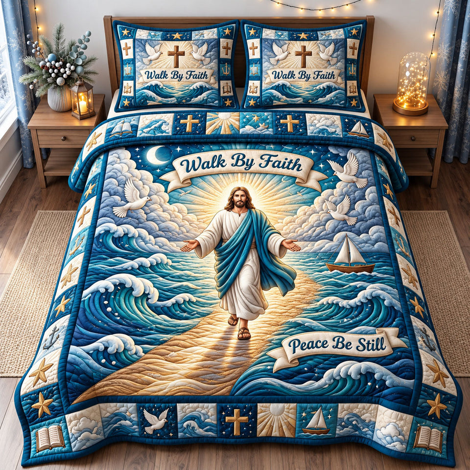Christian Faith in Blush and Gray quilted bedding set, quilt and two pillow shams on a made bed
