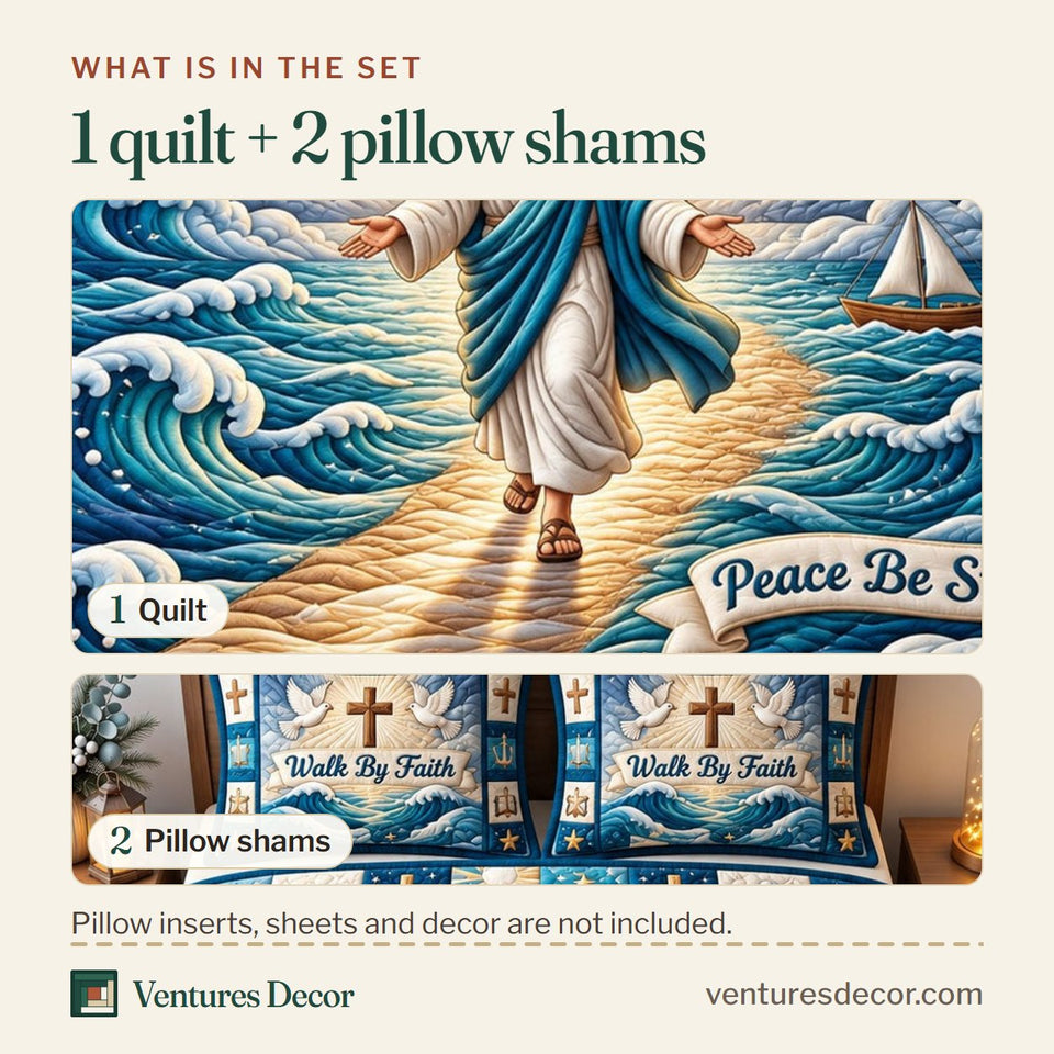 What is in the set: one quilt and two pillow shams, shown in the Christian Faith in Blush and Gray Quilt Set, 3-Piece Quilted Bedding with 2 Pillow Shams design