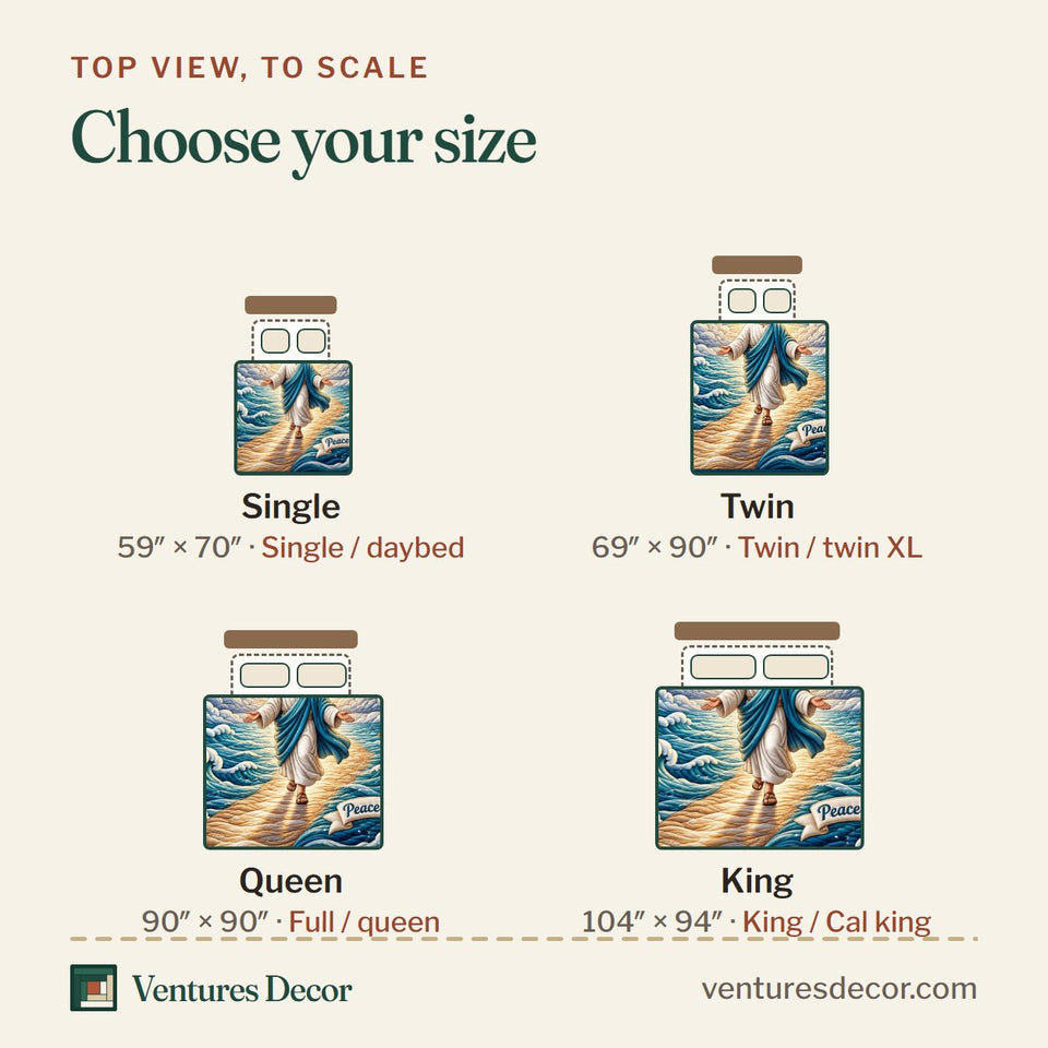 Size guide for the Christian Faith in Blush and Gray Quilt Set, 3-Piece Quilted Bedding with 2 Pillow Shams quilt, top view to scale: Single 59 x 70 in, Twin 69 x 90 in, Queen 90 x 90 in, King 104 x 94 in